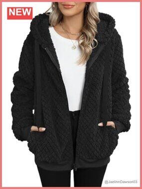 Sherpa Fleece Zip Up Hoodie Womens Fuzzy Jacket Plaid Loose Fit
